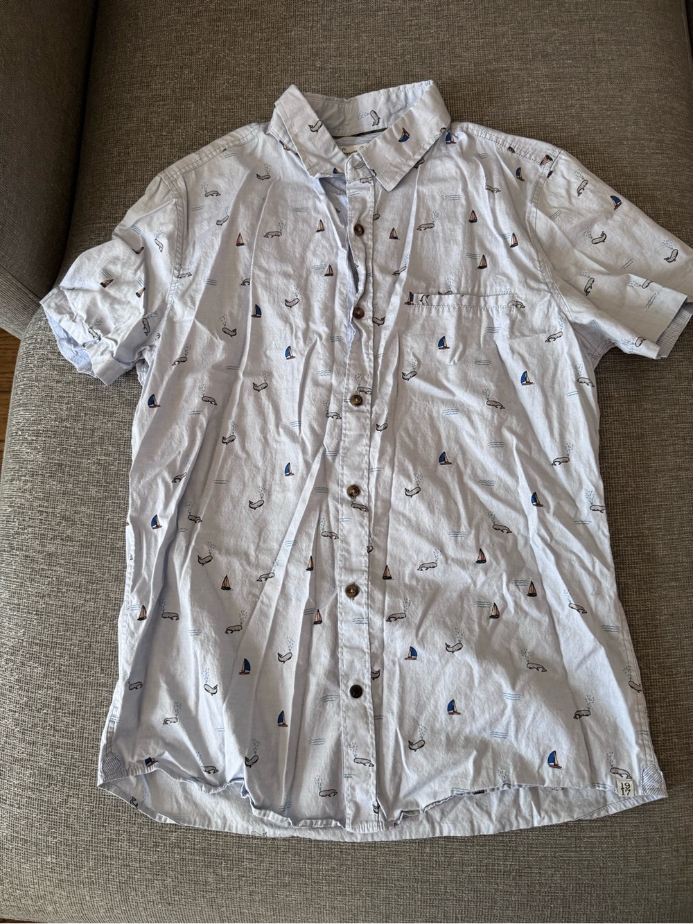Light Blue Short-Sleeve Button-Up Shirt with Sailboat Print